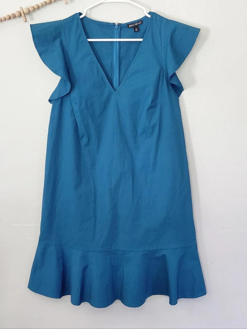J. Crew Mercantile Teal Blue Flutter Sleeve Ruffle Hem Shift Dress NWOT Size 6